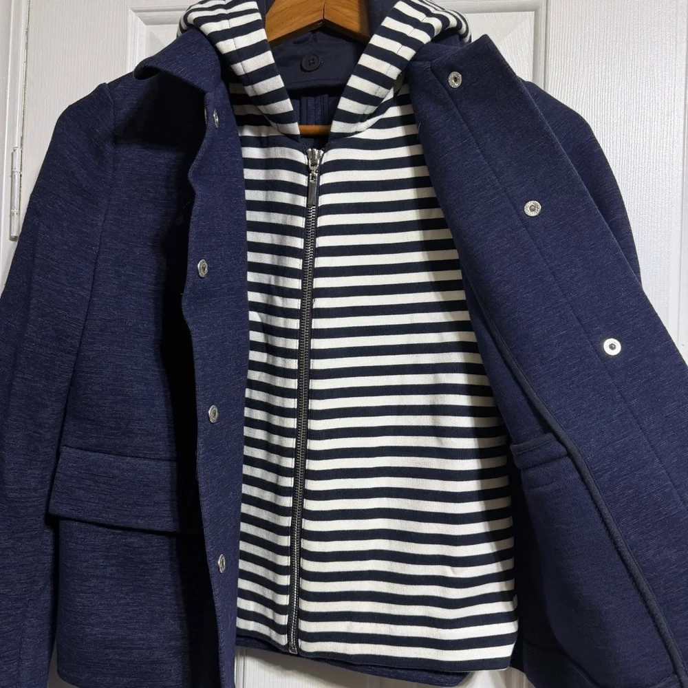 Tory Burch navy blue detachable striped hoodie jacket coat style# 11162501